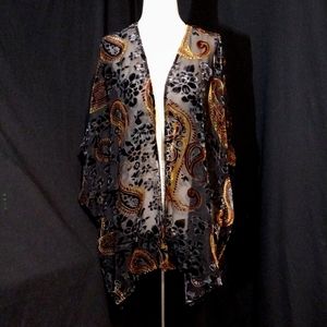 Artistic Works by Lu Sheer Black S. Sleeve Cardigan Velvet Paisley Print Sz M/L